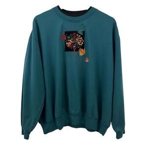 Vintage Decorated Originals Women’s Fall Leaves Blue Pullover Sweatshirt Size XL